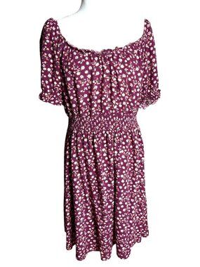 Burgundy Ditsy Floral Dress Boho Peasant Midi Milkmaid Casual Smocked Wom 1X